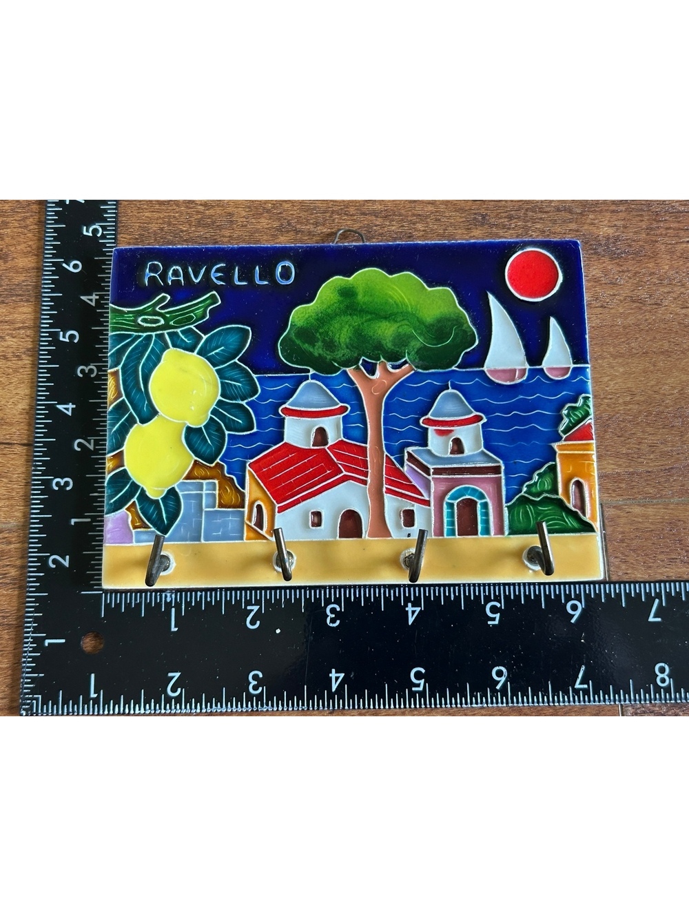 Hand Painted Ceramic Wall Hook Rack with Ravello Design - Picture 4 of 4